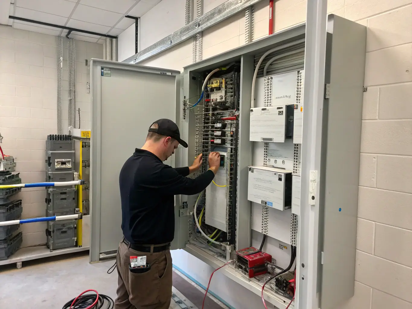 A newly upgraded electrical panel in a commercial building in Montgomery County, PA, highlighting Omega Electric Inc.'s capabilities in handling 100-400 amp service upgrades.