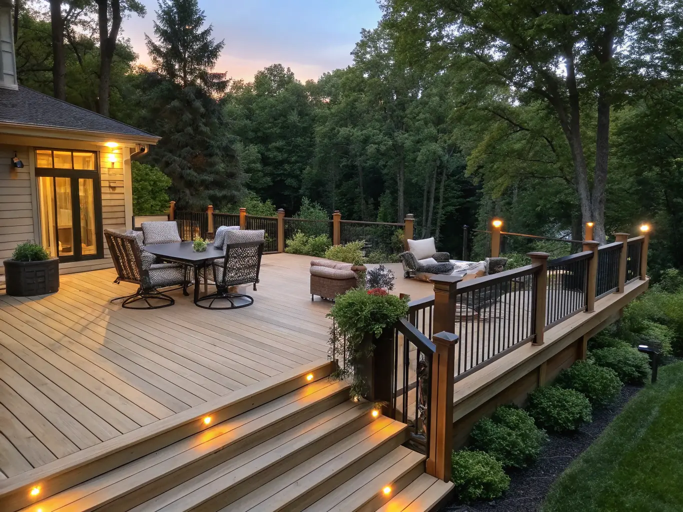 A cozy, well-lit deck area with integrated deck lighting and string lights, creating a warm and inviting outdoor living space for relaxation and entertainment, installed by Omega Electric Inc.