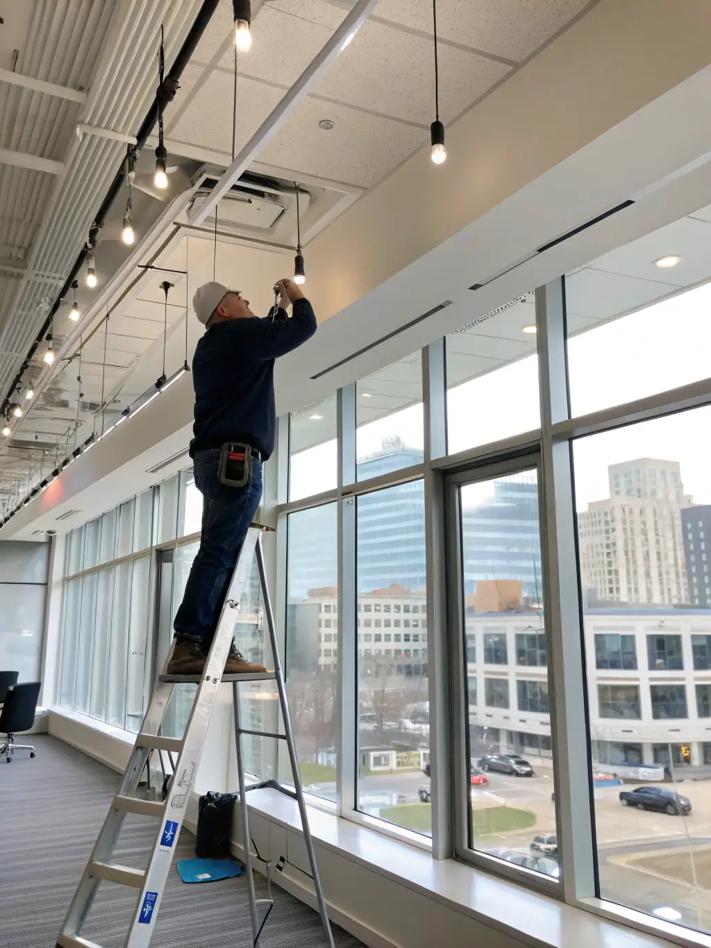 A technician installing new lighting fixtures in a commercial office space in Montgomery County, PA, highlighting Omega Electric Inc.'s lighting solutions.