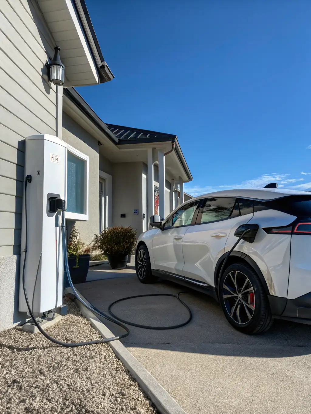 A photo of a home with multiple modern appliances running smoothly, such as an electric car charger, smart home devices, and energy-efficient lighting.