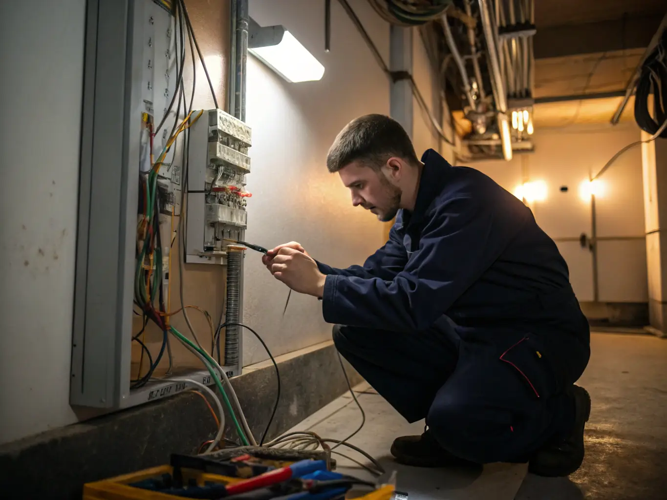 A close-up shot of an electrician carefully inspecting a junction box with multiple wires, showcasing the complexity of electrical wiring and the need for professional expertise.