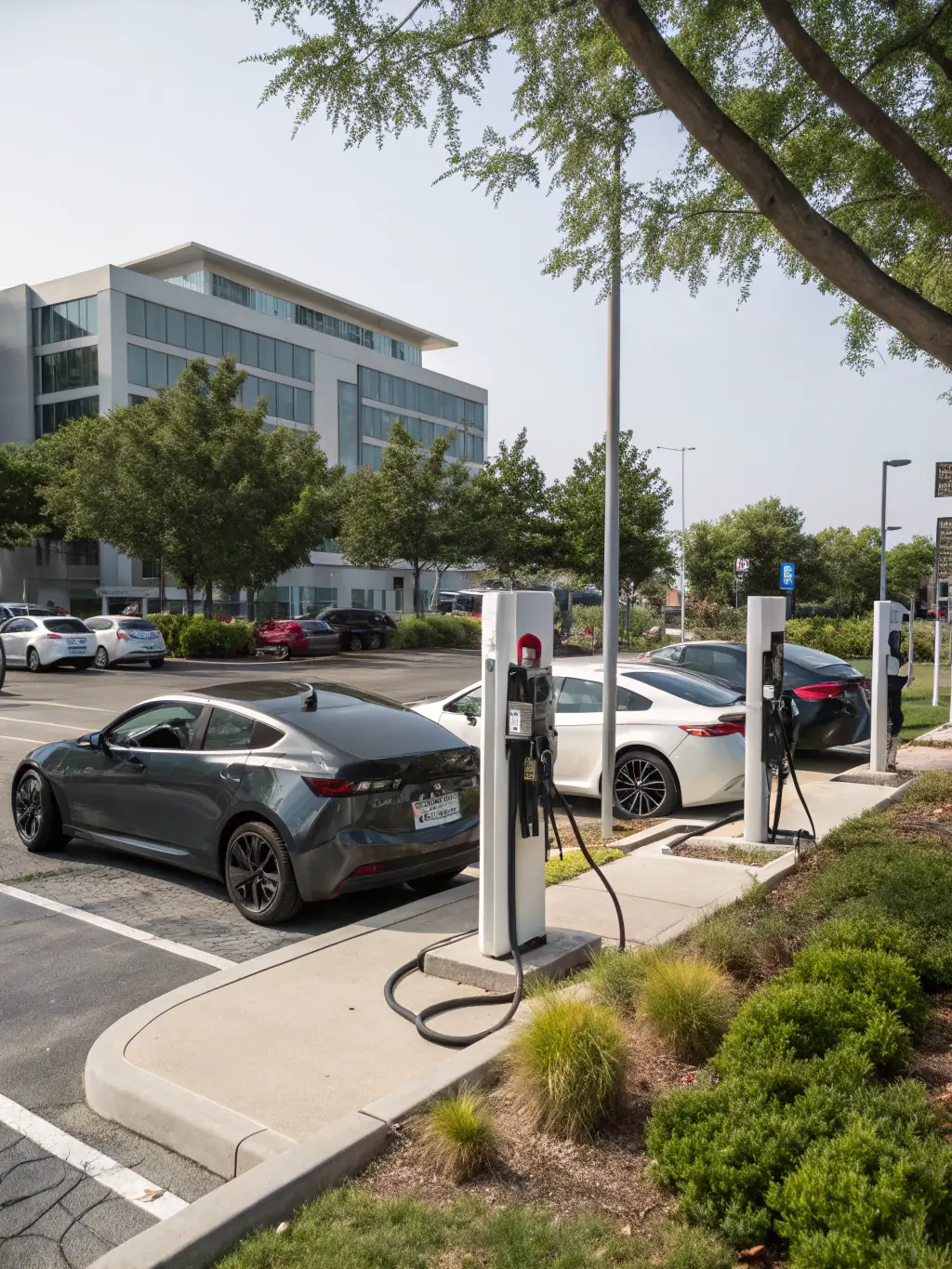 A universal EV charger installed at a public charging station, showing its compatibility with various electric vehicle models.