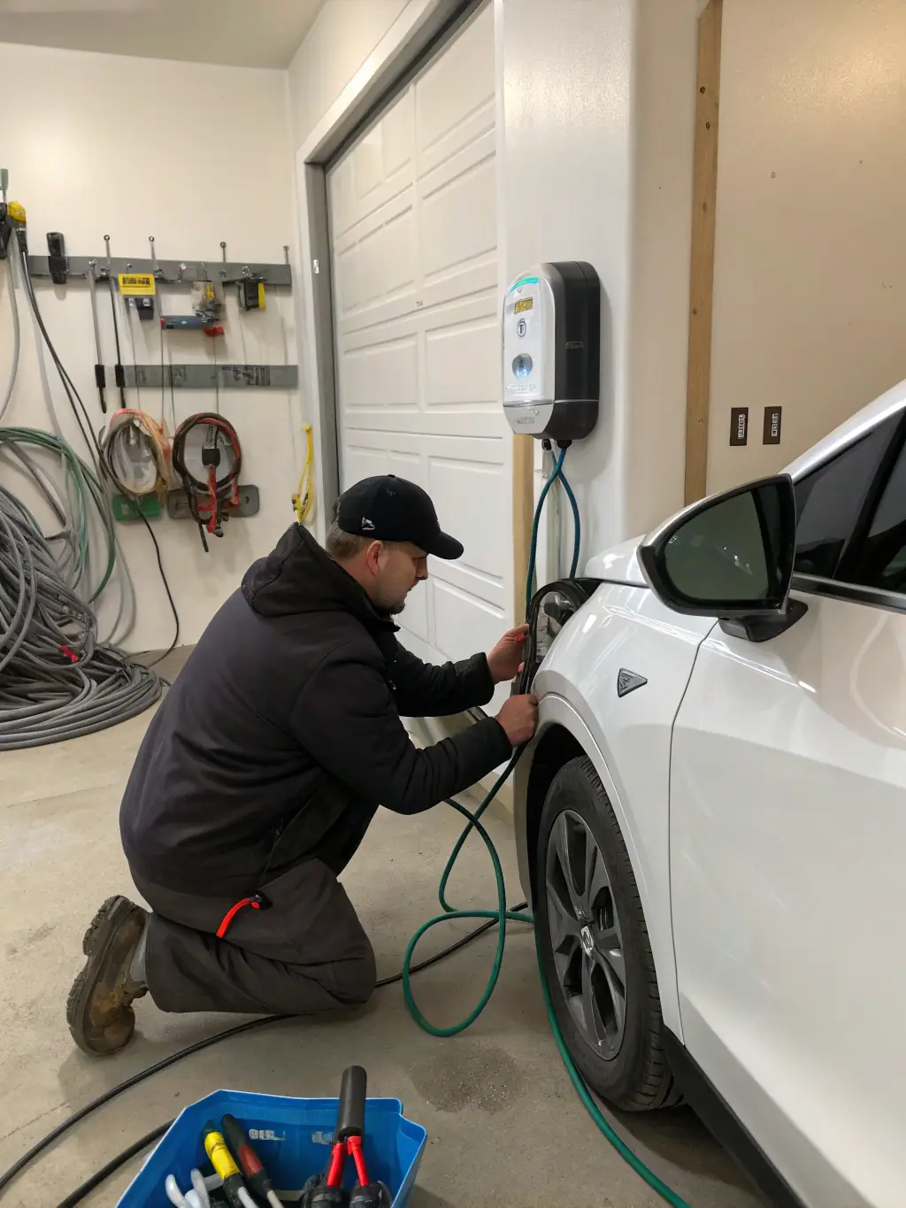 An Omega Electric technician installing an EV charger in a residential garage in Berks County, highlighting the clean and professional installation.