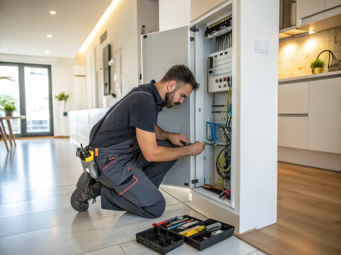 A high-angle, close-up shot of an electrician carefully working on knob and tube wiring in an older home, showcasing the delicate nature of the work and the need for specialized expertise.