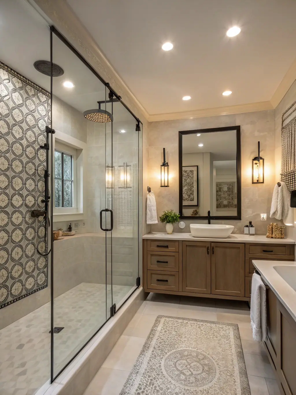 A bathroom with recessed lighting installed above the shower and vanity, providing safe and effective illumination. The lighting is moisture-resistant and code-compliant.