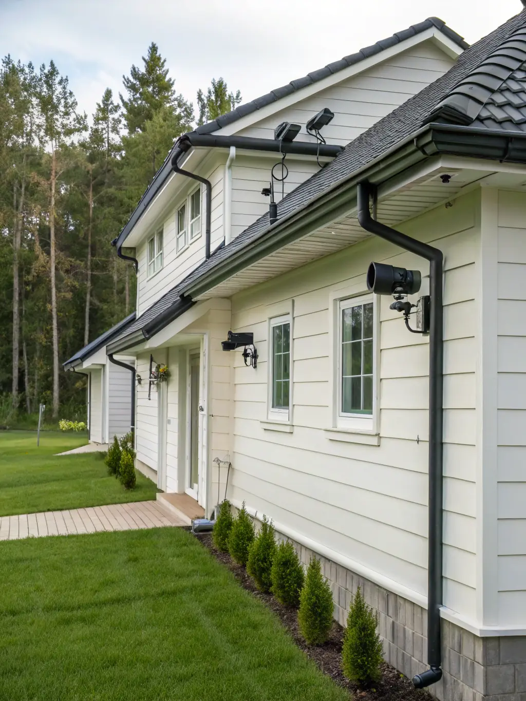 A house with spotlights illuminating its architectural features, enhancing curb appeal and providing added security at night.
