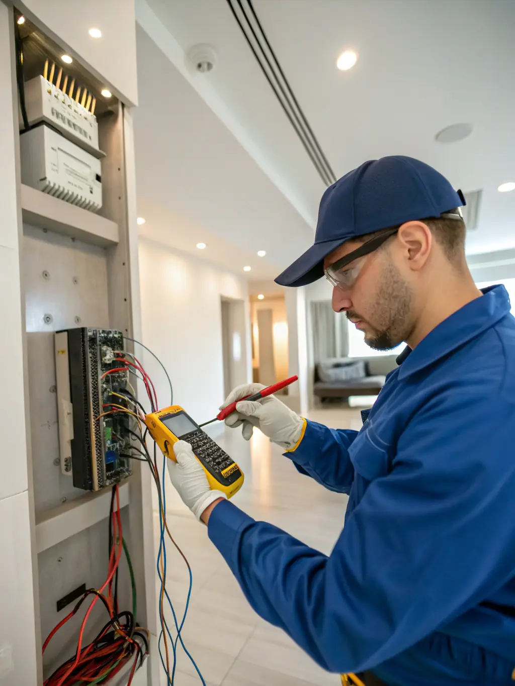 An electrician inspecting an electrical panel with a multimeter. The panel is open, and various wires and components are visible. The electrician is wearing safety glasses.