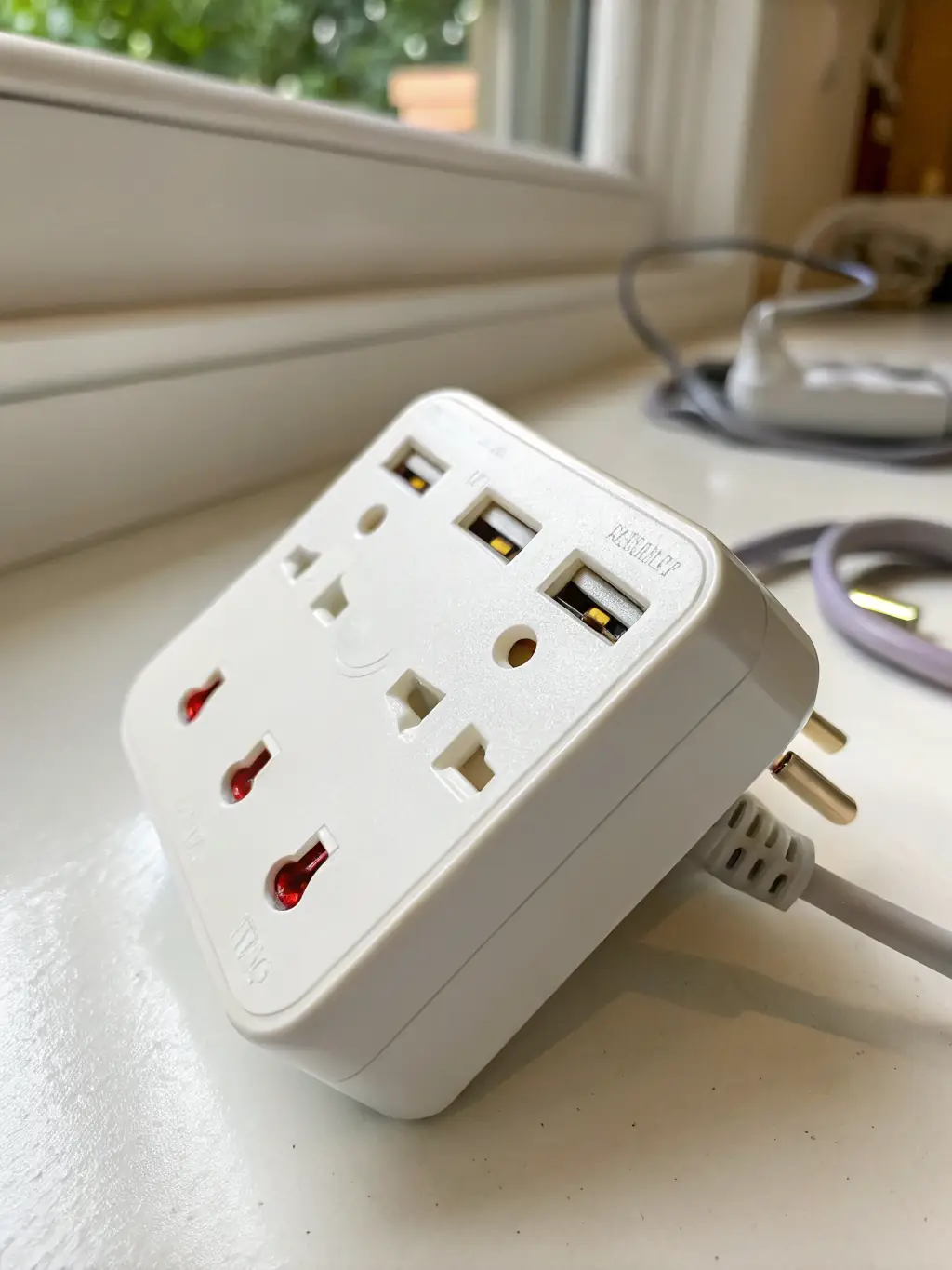 A close-up shot of a surge protector with multiple appliances plugged in, highlighting the protection against power surges and voltage spikes.