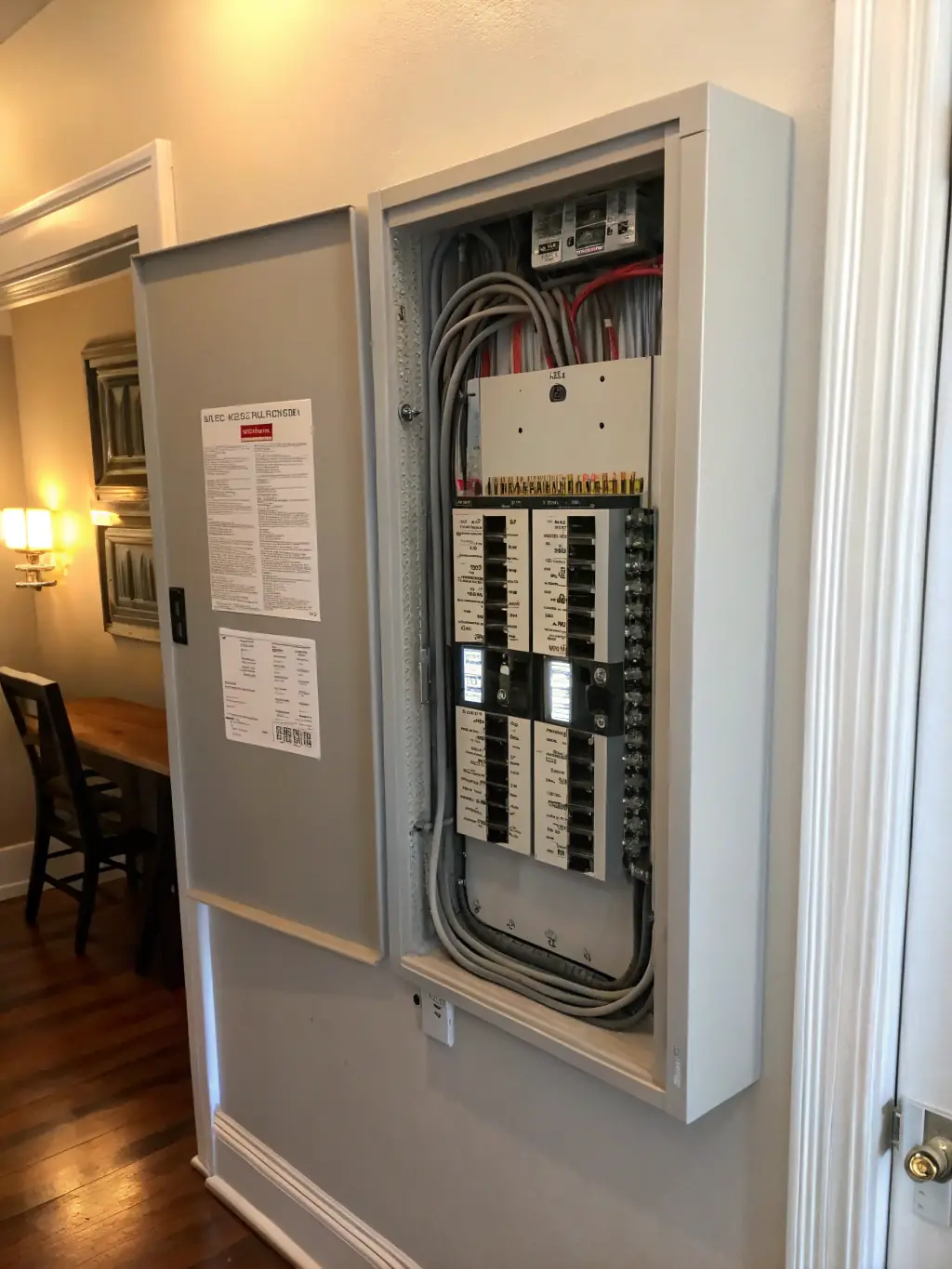 A high-resolution photo of a modern electrical panel installed in a home, showcasing its clean wiring and organized layout, emphasizing safety and efficiency.