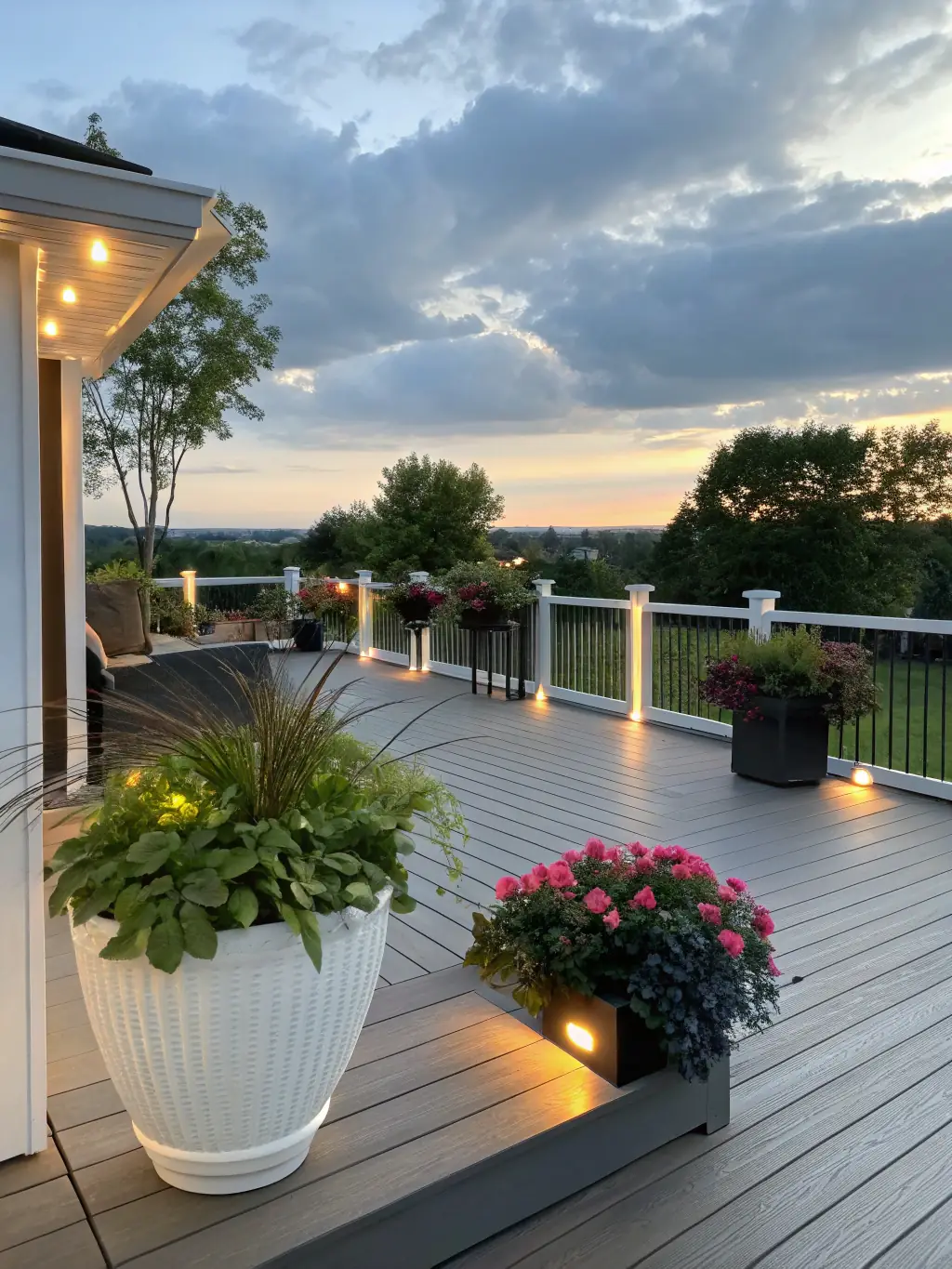 A deck with integrated lighting, creating a cozy and functional outdoor living space for evening relaxation and entertainment.