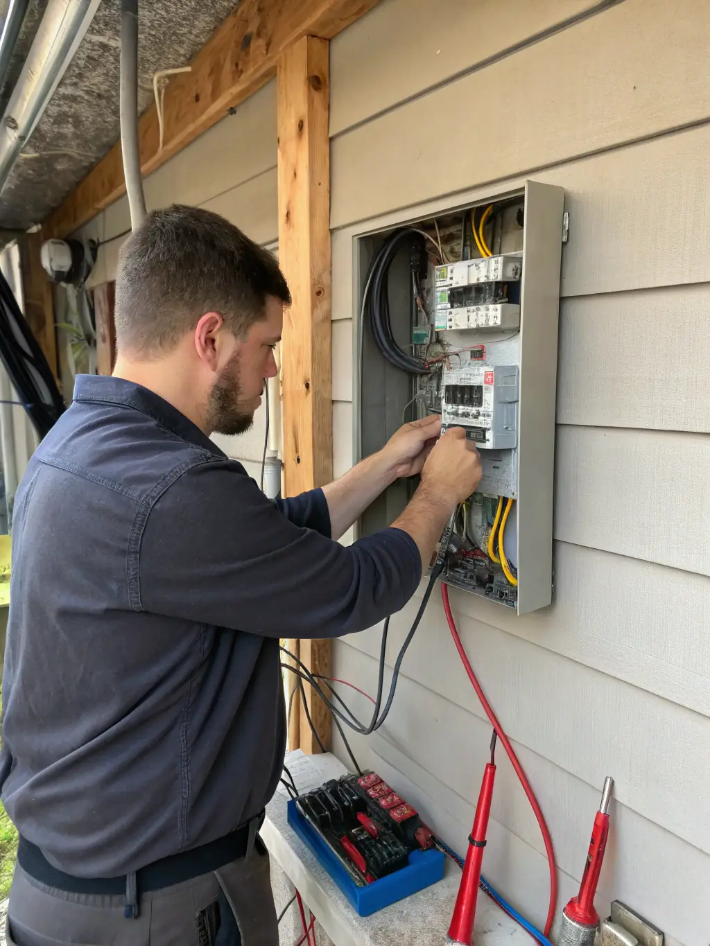 A wide shot of a residential electrical panel being upgraded from 100 to 200 amps in a home in Montgomery County, PA. The electrician is working diligently, and the image showcases the increased capacity and reliability of the upgraded electrical system.