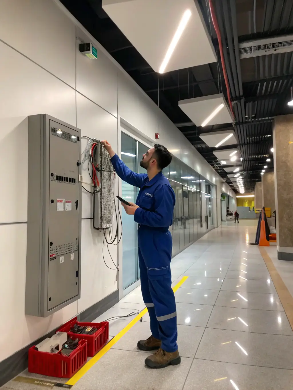 An image of Omega Electric Inc.'s electrician performing a detailed electrical safety inspection in a commercial building in Montgomery County, PA, using professional equipment.