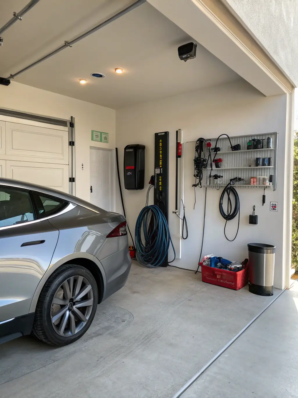 A homeowner installing a new electric vehicle charger in their garage, highlighting the increased power demands of modern appliances and technologies. The setting is a suburban home.