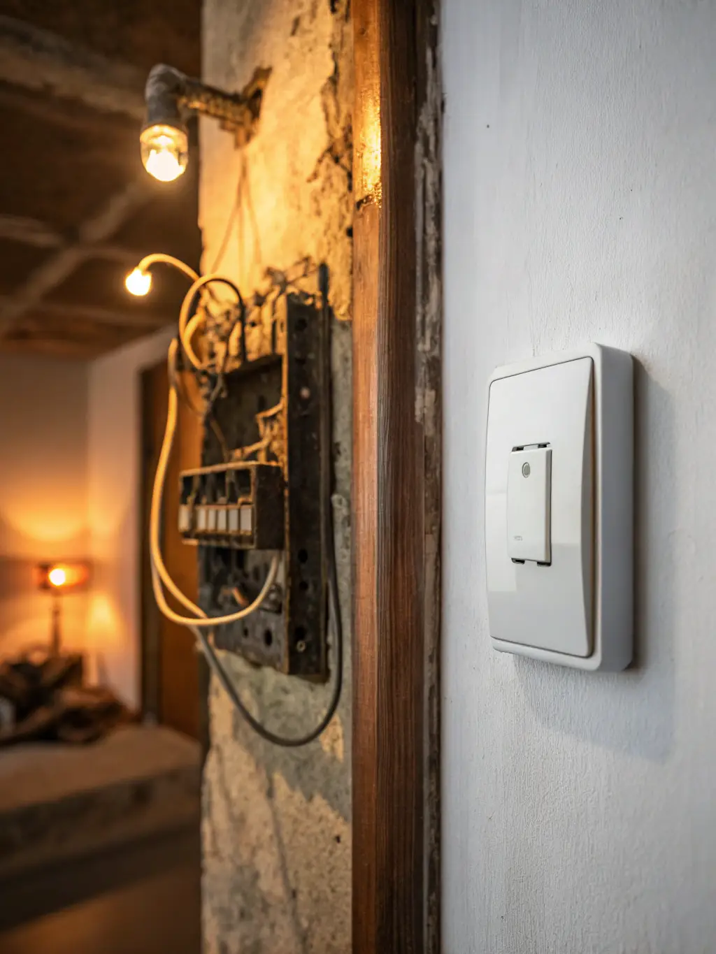 Before-and-after shot of knob and tube rewiring project in a historic Chester County home, demonstrating Omega Electric Inc.'s expertise in upgrading outdated wiring systems.