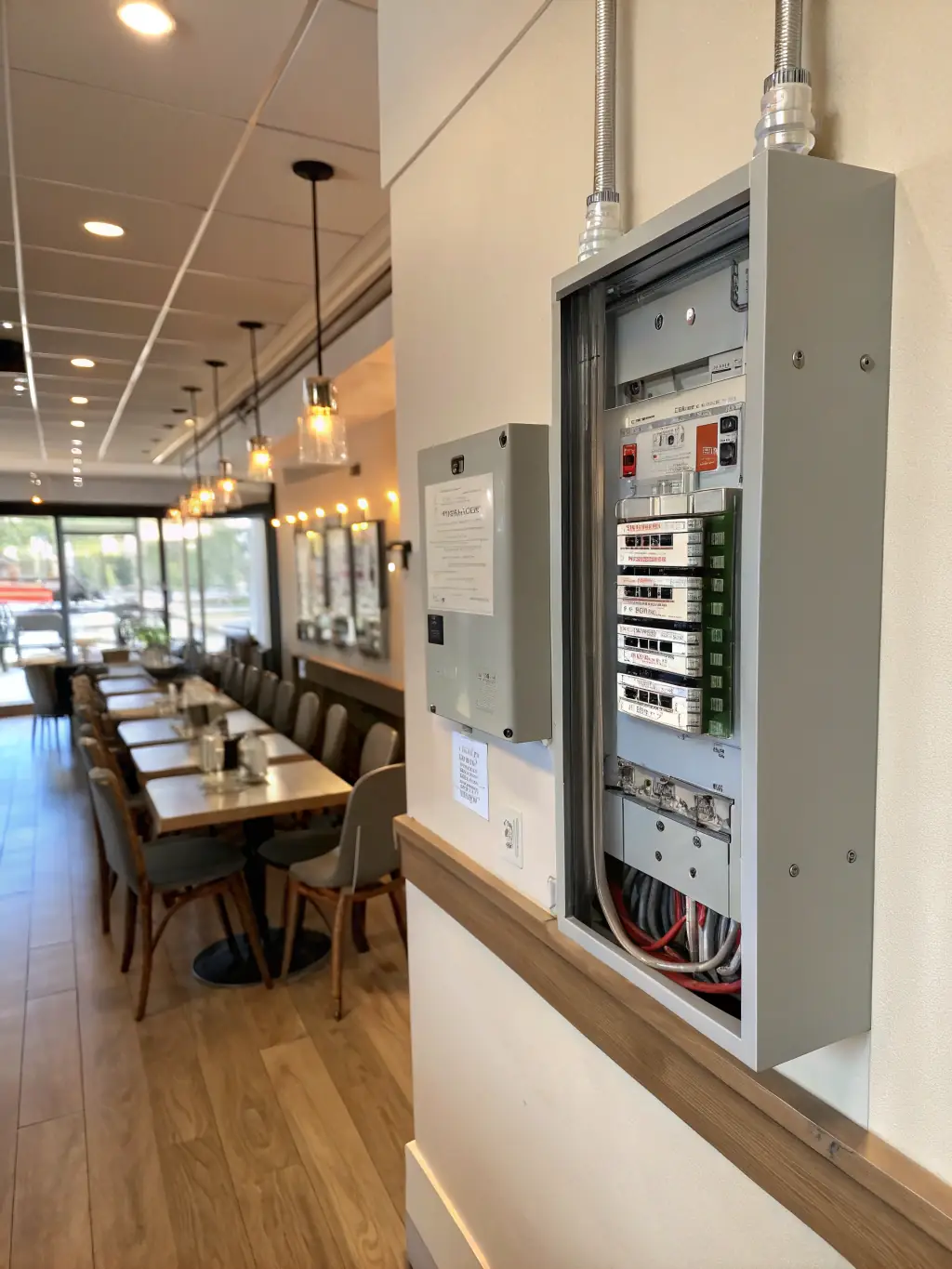 A newly upgraded electrical service panel in a Chester County residence, highlighting Omega Electric Inc.'s ability to handle 100 to 400 amp service upgrades.