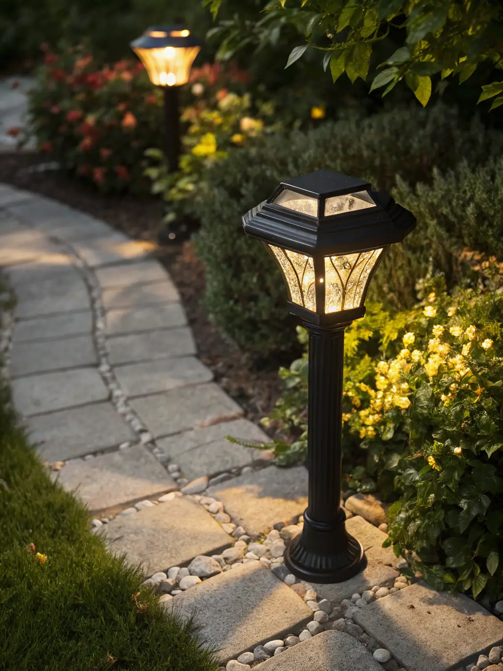 Elegant landscape lighting illuminating a Chester County garden at night, showcasing Omega Electric Inc.'s expertise in creating beautiful and functional outdoor lighting designs.